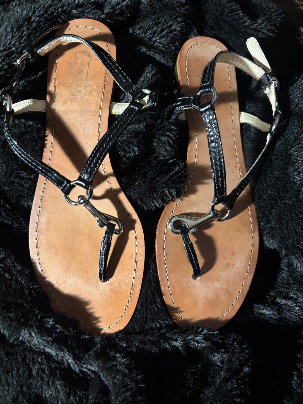 Coach Women’s Black T-Strap Leather Sandals with Tan Footbed